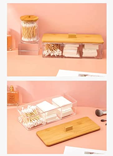 Agirlvct Wood Qtip Holder,Cotton Ball and Swab Holder Organizer with Lid,Jar for Cotton Rounds,Bathroom Containers,Q-tip Dispenser,Clear Acrylic Desk Organizer for Makeup Pads,Cosmetics Bedroom