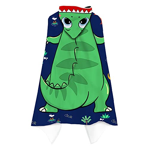 Dinosaur Beach Towel, Dinosaur Towel for Kids with Hood T-rex Hooded Towel for Boys 30x50 Cool Cartoon Microfiber Bath Towel Poncho Bathrobe for Swin Pool Cover Up, Green Blue Dinosaur Birthday Gifts