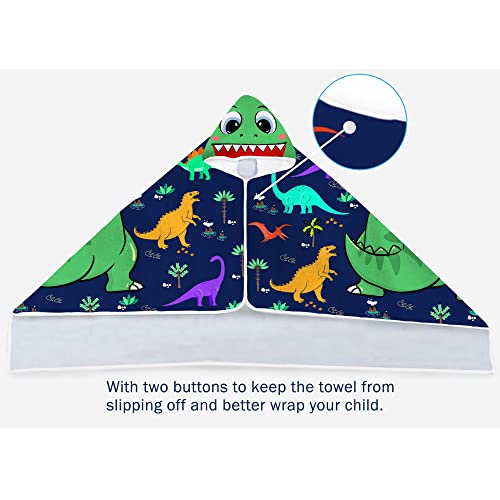 Dinosaur Beach Towel, Dinosaur Towel for Kids with Hood T-rex Hooded Towel for Boys 30x50 Cool Cartoon Microfiber Bath Towel Poncho Bathrobe for Swin Pool Cover Up, Green Blue Dinosaur Birthday Gifts