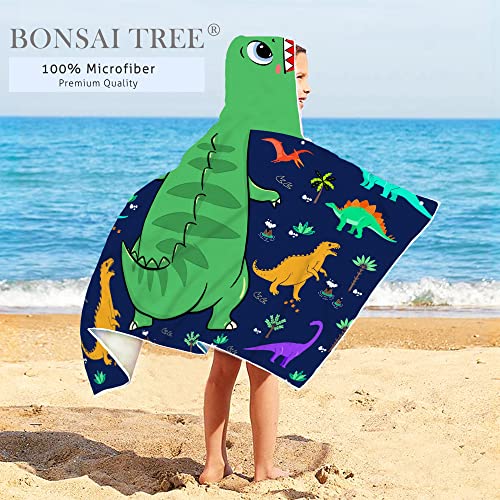 Dinosaur Beach Towel, Dinosaur Towel for Kids with Hood T-rex Hooded Towel for Boys 30x50 Cool Cartoon Microfiber Bath Towel Poncho Bathrobe for Swin Pool Cover Up, Green Blue Dinosaur Birthday Gifts