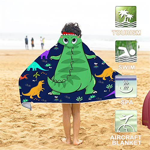 Dinosaur Beach Towel, Dinosaur Towel for Kids with Hood T-rex Hooded Towel for Boys 30x50 Cool Cartoon Microfiber Bath Towel Poncho Bathrobe for Swin Pool Cover Up, Green Blue Dinosaur Birthday Gifts