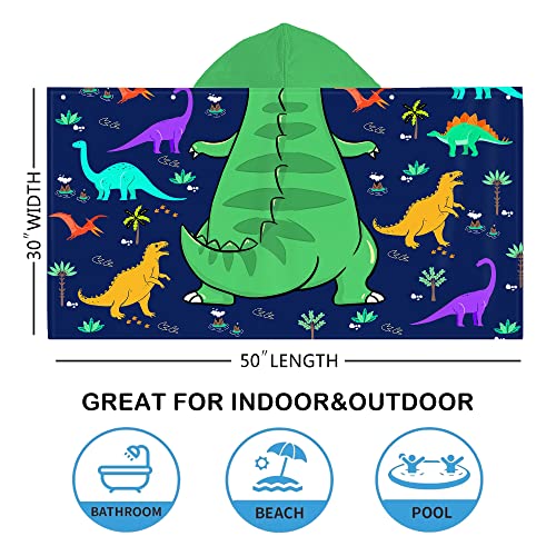 Dinosaur Beach Towel, Dinosaur Towel for Kids with Hood T-rex Hooded Towel for Boys 30x50 Cool Cartoon Microfiber Bath Towel Poncho Bathrobe for Swin Pool Cover Up, Green Blue Dinosaur Birthday Gifts