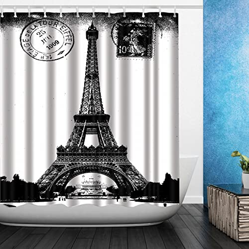Amagical Frech Paris Eiffel Tower City of Love 16 Piece Bathroom Mat Set Shower Curtain Set Black and White Bath Mat Contour Mat Toilet Cover Waterproof Shower Curtian 12 Hooks