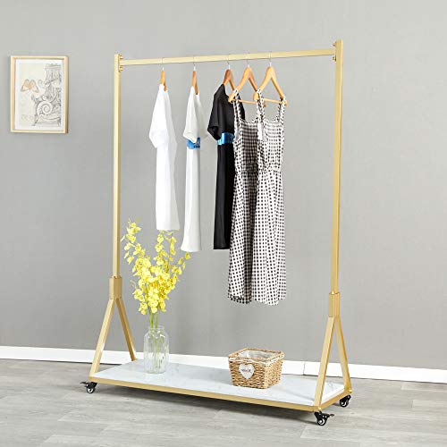 FURVOKIA Modern Simple Heavy Duty Metal Rolling Garment Rack with Wheel,Retail Display Clothing Rack with Wood, Single Rod Floor-Standing Hangers Clothes Shelves (47.2 L)