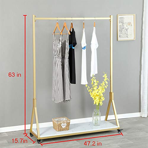 FURVOKIA Modern Simple Heavy Duty Metal Rolling Garment Rack with Wheel,Retail Display Clothing Rack with Wood, Single Rod Floor-Standing Hangers Clothes Shelves (47.2 L)