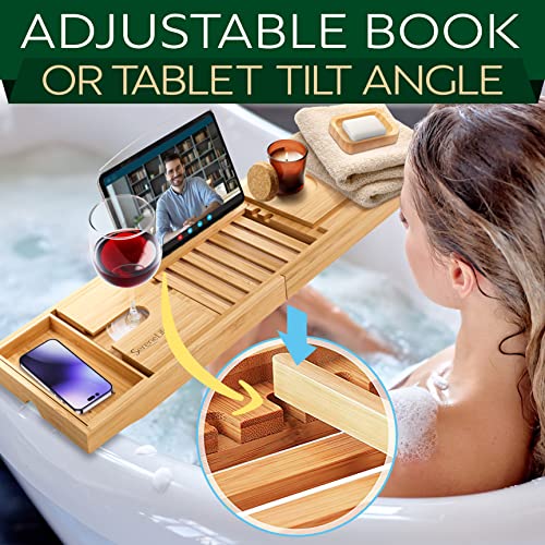SereneLife Luxury Bamboo Bathtub Caddy, Extendable & Adjustable Tray with Device/Book Holder, Removable Trays for Bath Accessories (Natural)