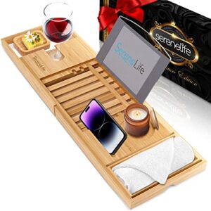 serenelife luxury bamboo bathtub caddy, extendable & adjustable tray with device/book holder, removable trays for bath accessories (natural)