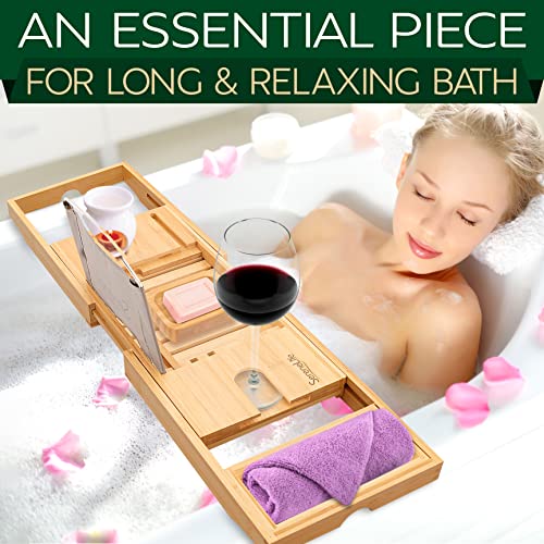 SereneLife Luxury Bamboo Bathtub Caddy, Extendable & Adjustable Tray with Device/Book Holder, Removable Trays for Bath Accessories (Natural)