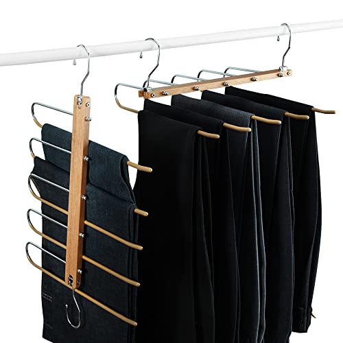 2-Piece Magic Pants Hangers (2.0 Center is Backward Not Easy Slide Off. More Easily Getting Clothes on and Off) Pants Hangers Space Saving 5 Layers 2 Uses Multi Functional Pants Rack