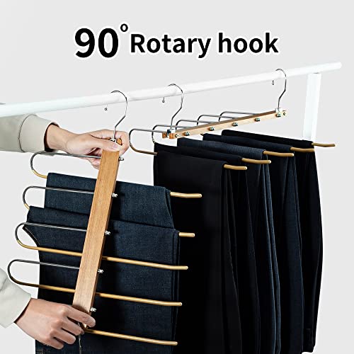 2-Piece Magic Pants Hangers (2.0 Center is Backward Not Easy Slide Off. More Easily Getting Clothes on and Off) Pants Hangers Space Saving 5 Layers 2 Uses Multi Functional Pants Rack