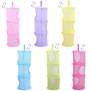 auhoky 6pcs hanging mesh storage organizer bag with 6pcs s hook, foldable toy space saver basket with 3 shelf for kids room closet bathroom balcony - 32.3'' x 10.6''(6 colors)