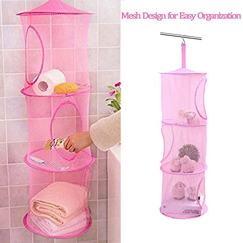 AUHOKY 6Pcs Hanging Mesh Storage Organizer Bag with 6Pcs S Hook, Foldable Toy Space Saver Basket with 3 Shelf for Kids Room Closet Bathroom Balcony - 32.3'' x 10.6''(6 Colors)