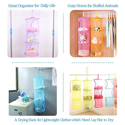 AUHOKY 6Pcs Hanging Mesh Storage Organizer Bag with 6Pcs S Hook, Foldable Toy Space Saver Basket with 3 Shelf for Kids Room Closet Bathroom Balcony - 32.3'' x 10.6''(6 Colors)