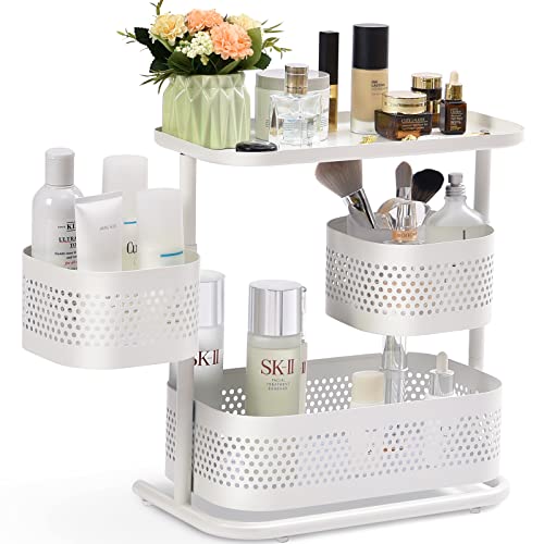 KINGRACK Bathroom Counter Organizer, 3 Tier Rotating Bathroom Storage Organizer, Vanity Tray Organizer for Bathroom Countertop, Kitchen Spice Rack,White