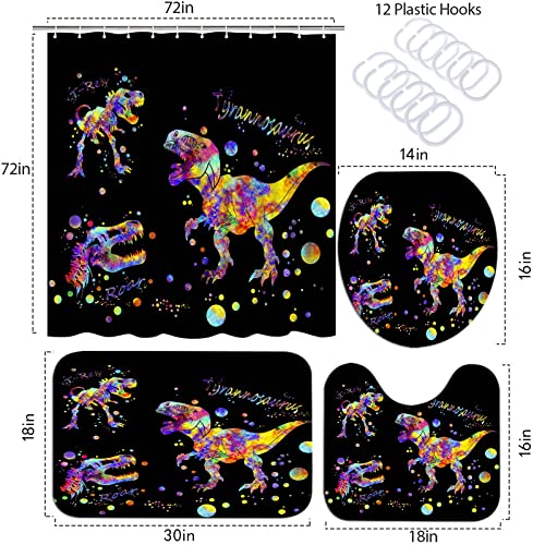 AtGoWac 4 Pcs Dinosaur Bathroom Set Dinosaur Shower Curtain Sets with Rugs, Cool Black Dinosaur Bath Mat, T-Rex Shower Curtain Kids Bathroom Decor Sets