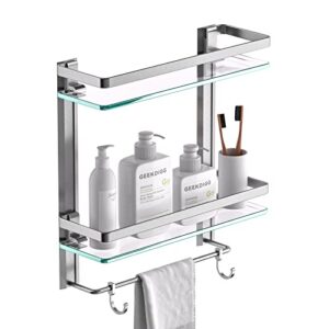 geekdigg bathroom glass shelf with towel bar, 2 tier wall mounted tempered glass shower storage organizer with 8mm extra thick, 15.2 by 5 inches - not brushed nickel