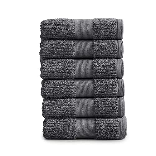 Market & Place 100% Cotton Super Soft Luxury Hand Towel Set | Quick-Dry and Highly Absorbent | Ribbed Textured | 550 GSM | Includes 6 Hand Towels | Roda Collection (Dark Grey)