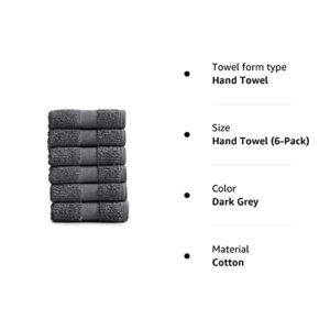 Market & Place 100% Cotton Super Soft Luxury Hand Towel Set | Quick-Dry and Highly Absorbent | Ribbed Textured | 550 GSM | Includes 6 Hand Towels | Roda Collection (Dark Grey)