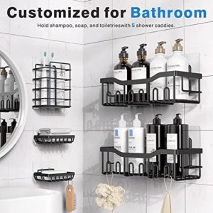 Shower Caddy 5 Pack, Bathroom Organizer Upgraded Stronger Adhesive Shower Shelf Stainless Steel Large Storage No Drilling Rustproof Wall Mounted Shower Racks for Inside Shower Kitchen Dorm Black