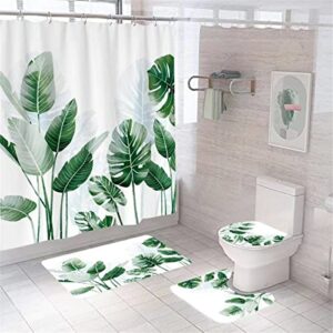 palm leaves shower curtain sets with non-slip rugs, toilet lid cover and bath mat, waterproof bathroom decor leaf palm tree shower curtains with 12 hook