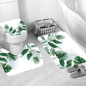 Palm Leaves Shower Curtain Sets with Non-Slip Rugs, Toilet Lid Cover and Bath Mat, Waterproof Bathroom Decor Leaf Palm Tree Shower Curtains with 12 Hook