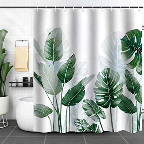 Palm Leaves Shower Curtain Sets with Non-Slip Rugs, Toilet Lid Cover and Bath Mat, Waterproof Bathroom Decor Leaf Palm Tree Shower Curtains with 12 Hook