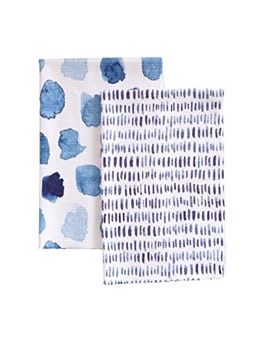 Crae Home Waffle Weave Pattern Microfiber Two Hand Towel Set (Ocean Drops/Blotched)