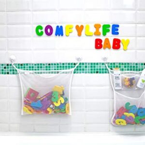 Comfylife 2 x Mesh Bath Toy Organizer + 6 Ultra Strong Hooks + 36 Bath Letters & Numbers – Eco-Safe, Fun, Educational Foam Baby Bath Letters and Perfect Toy Storage Net for Baby Bath Toys & More