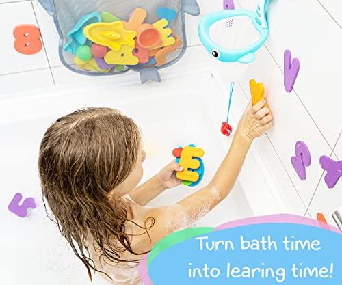 Comfylife 2 x Mesh Bath Toy Organizer + 6 Ultra Strong Hooks + 36 Bath Letters & Numbers – Eco-Safe, Fun, Educational Foam Baby Bath Letters and Perfect Toy Storage Net for Baby Bath Toys & More