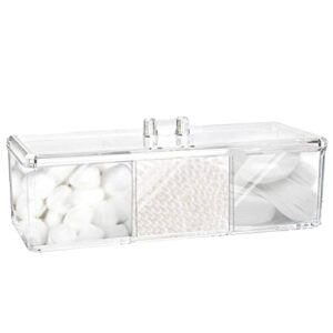 square qtip holder dispenser, 3 compartments cotton ball holder, bathroom canisters for cotton swab, ball, cotton pad organizer, clear acrylic containers with lid for bathroom vanity countertop