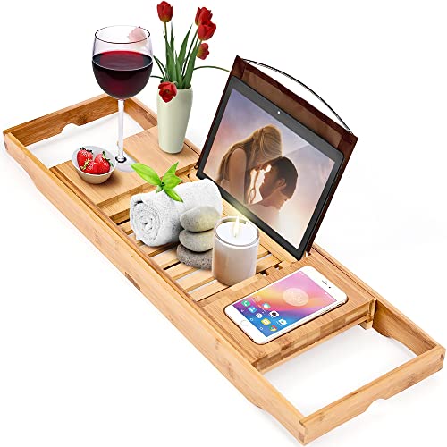 Homemaid Living Luxury Bamboo Bath Tray for Bathtub - Expandable Bathroom Tray with Reading Rack or Tablet Holder, Bath Tray with Wine Glass Holder, Bathroom Caddy, Fits All Bathtubs (Natural Bamboo)