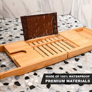 Homemaid Living Luxury Bamboo Bath Tray for Bathtub - Expandable Bathroom Tray with Reading Rack or Tablet Holder, Bath Tray with Wine Glass Holder, Bathroom Caddy, Fits All Bathtubs (Natural Bamboo)