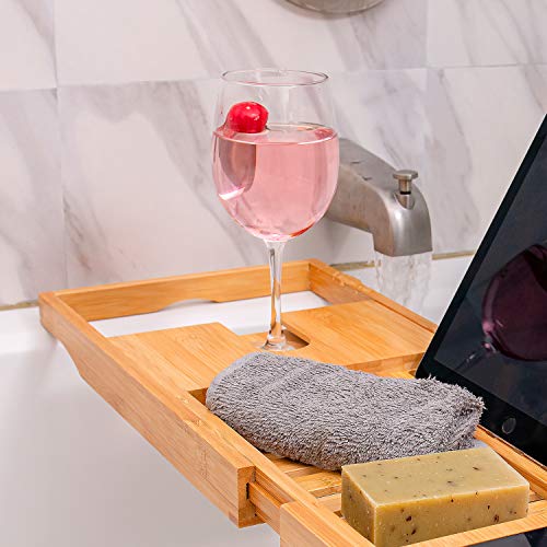 Homemaid Living Luxury Bamboo Bath Tray for Bathtub - Expandable Bathroom Tray with Reading Rack or Tablet Holder, Bath Tray with Wine Glass Holder, Bathroom Caddy, Fits All Bathtubs (Natural Bamboo)