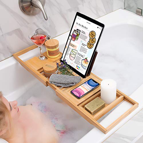 Homemaid Living Luxury Bamboo Bath Tray for Bathtub - Expandable Bathroom Tray with Reading Rack or Tablet Holder, Bath Tray with Wine Glass Holder, Bathroom Caddy, Fits All Bathtubs (Natural Bamboo)