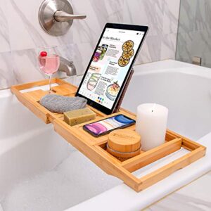 Homemaid Living Luxury Bamboo Bath Tray for Bathtub - Expandable Bathroom Tray with Reading Rack or Tablet Holder, Bath Tray with Wine Glass Holder, Bathroom Caddy, Fits All Bathtubs (Natural Bamboo)