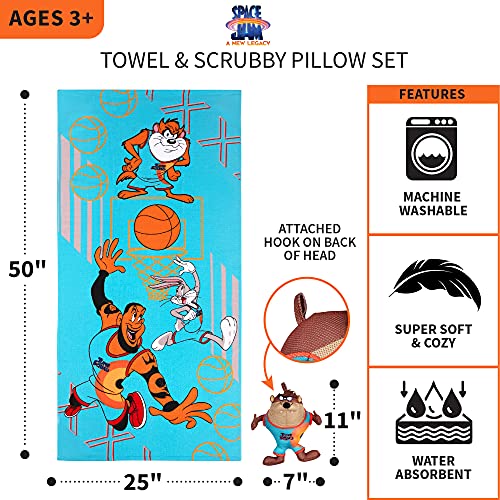 Franco Kids Bath and Beach Super Soft Mesh Scrubby and Microfiber Towel Set, 50 in x 25 in, Space Jam 2 A New Legacy