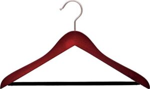 cherry finish wood suit hanger with velvet flocked bar in 17" length x 5/8" thick with concave body and matte nickel hardware, box of 12