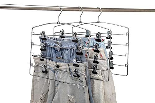 3 Quality Multi Pants Hangers, Space-Saving Multi-Bar Metal Pants Hangers, Stable with Non-Slip Foam Padding, Swivel Hook for 5 Jeans Each, Suit Pants, Scarves, Towels, Trousers (Skirt, 3)