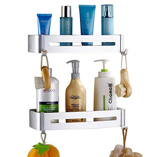 Coolnice 2 Pack Shower Caddy Shelf Organizer Aluminum Rectangle Shower Shelf with 4 Hooks Wall Mount Bathroom Shelf for Bathroom Toilet Kitchen No Need Drilling with Adhesive-Silver