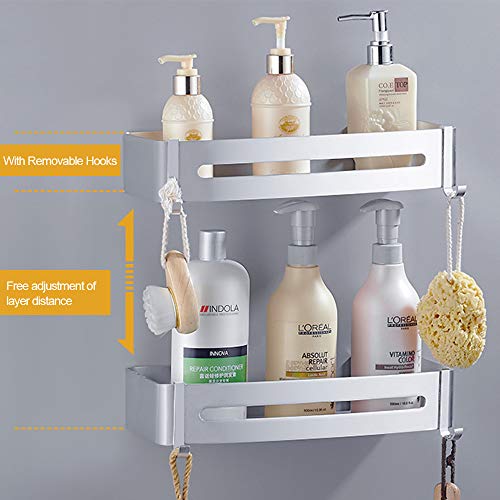 Coolnice 2 Pack Shower Caddy Shelf Organizer Aluminum Rectangle Shower Shelf with 4 Hooks Wall Mount Bathroom Shelf for Bathroom Toilet Kitchen No Need Drilling with Adhesive-Silver