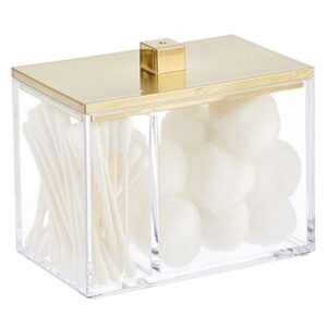 mdesign modern square bathroom vanity countertop storage organizer canister jar for cotton swabs, rounds, balls, makeup sponges, bath salts - 2 divided sections - clear/soft brass