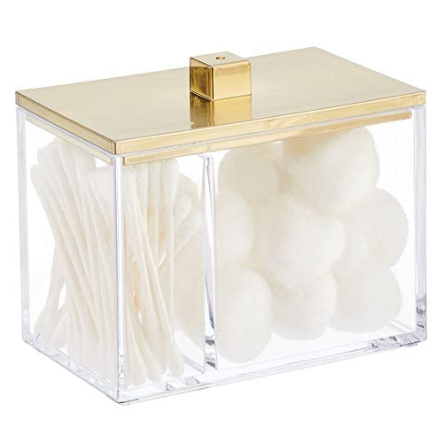 mDesign Modern Square Bathroom Vanity Countertop Storage Organizer Canister Jar for Cotton Swabs, Rounds, Balls, Makeup Sponges, Bath Salts - 2 Divided Sections - Clear/Soft Brass