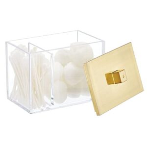 mDesign Modern Square Bathroom Vanity Countertop Storage Organizer Canister Jar for Cotton Swabs, Rounds, Balls, Makeup Sponges, Bath Salts - 2 Divided Sections - Clear/Soft Brass