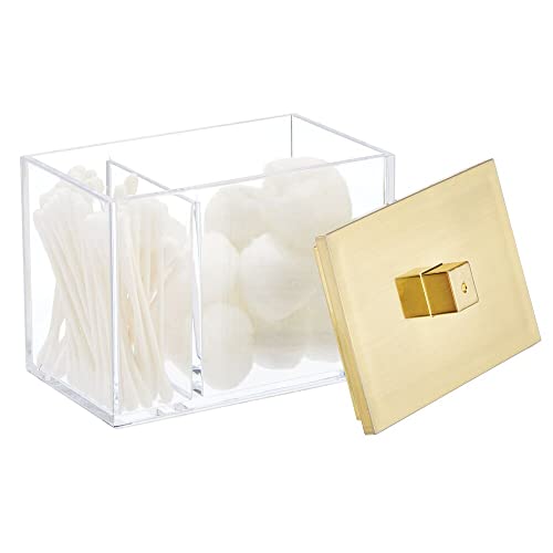 mDesign Modern Square Bathroom Vanity Countertop Storage Organizer Canister Jar for Cotton Swabs, Rounds, Balls, Makeup Sponges, Bath Salts - 2 Divided Sections - Clear/Soft Brass