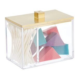 mDesign Modern Square Bathroom Vanity Countertop Storage Organizer Canister Jar for Cotton Swabs, Rounds, Balls, Makeup Sponges, Bath Salts - 2 Divided Sections - Clear/Soft Brass