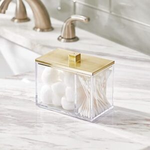 mDesign Modern Square Bathroom Vanity Countertop Storage Organizer Canister Jar for Cotton Swabs, Rounds, Balls, Makeup Sponges, Bath Salts - 2 Divided Sections - Clear/Soft Brass