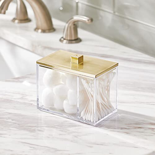 mDesign Modern Square Bathroom Vanity Countertop Storage Organizer Canister Jar for Cotton Swabs, Rounds, Balls, Makeup Sponges, Bath Salts - 2 Divided Sections - Clear/Soft Brass