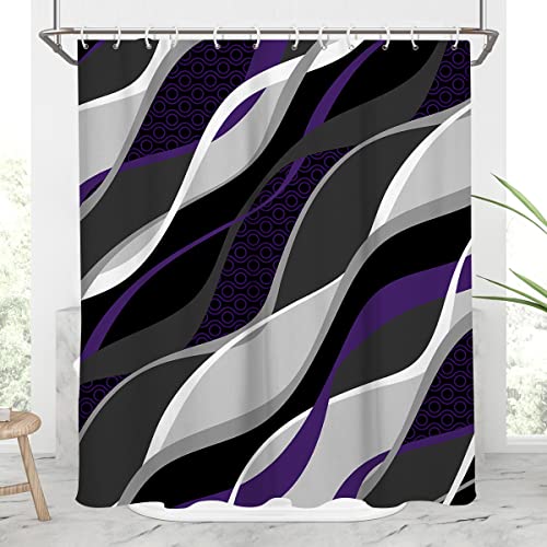 AAtter Purple Shower Curtain Black Grey Gray White Modern Dark Accent Lavender Lilac Boho Abstract Weave Textured Neutral Plum Geometric Stripe Home Bathroom Decor Bathtub Set, 60x72, Contemporary