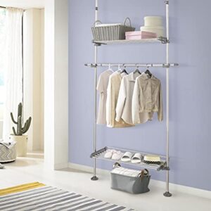 BAOYOUNI Standing Garment Rack Clothes Hanger Storage Organizer Adjustable Heavy Duty Laundry Shelf Double Tension Pole with 2 Large Shelves and 1 Telescopic Haning Rod - Grey