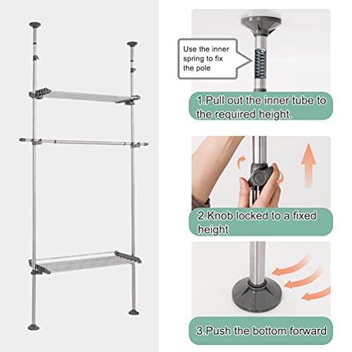 BAOYOUNI Standing Garment Rack Clothes Hanger Storage Organizer Adjustable Heavy Duty Laundry Shelf Double Tension Pole with 2 Large Shelves and 1 Telescopic Haning Rod - Grey